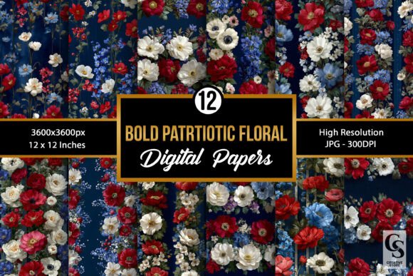 Bold Patriotic Flowers Digital Papers for Creative Expression