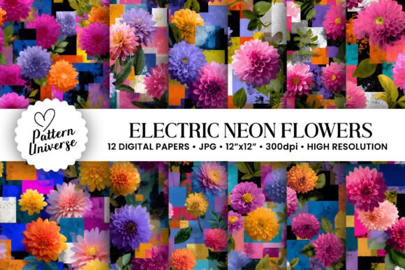 Electric Neon Flowers Digital Papers for Creative Projects